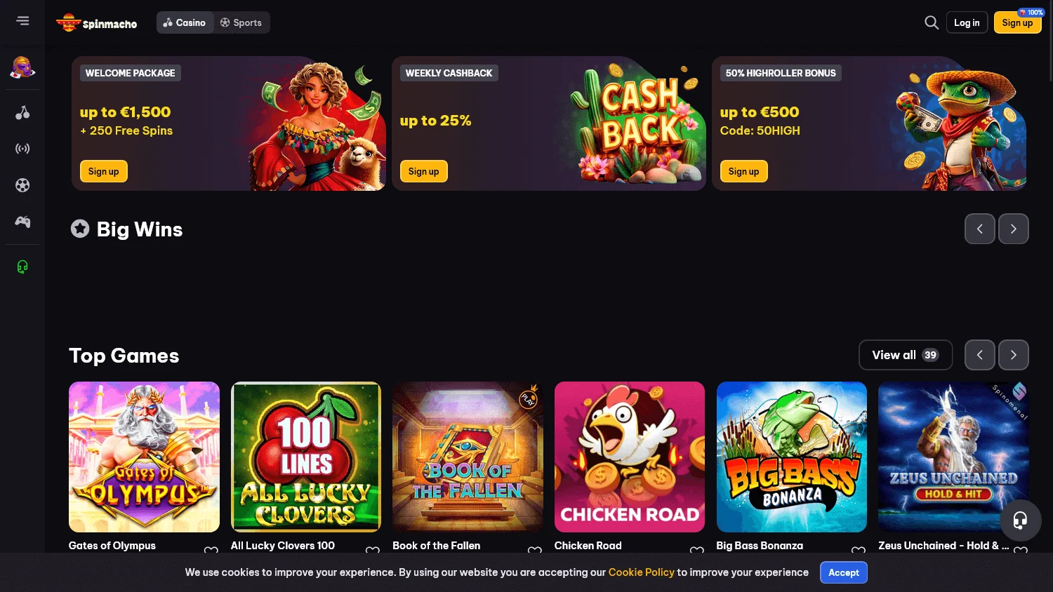 Spinmacho Casino desktop home with casino games and live play options