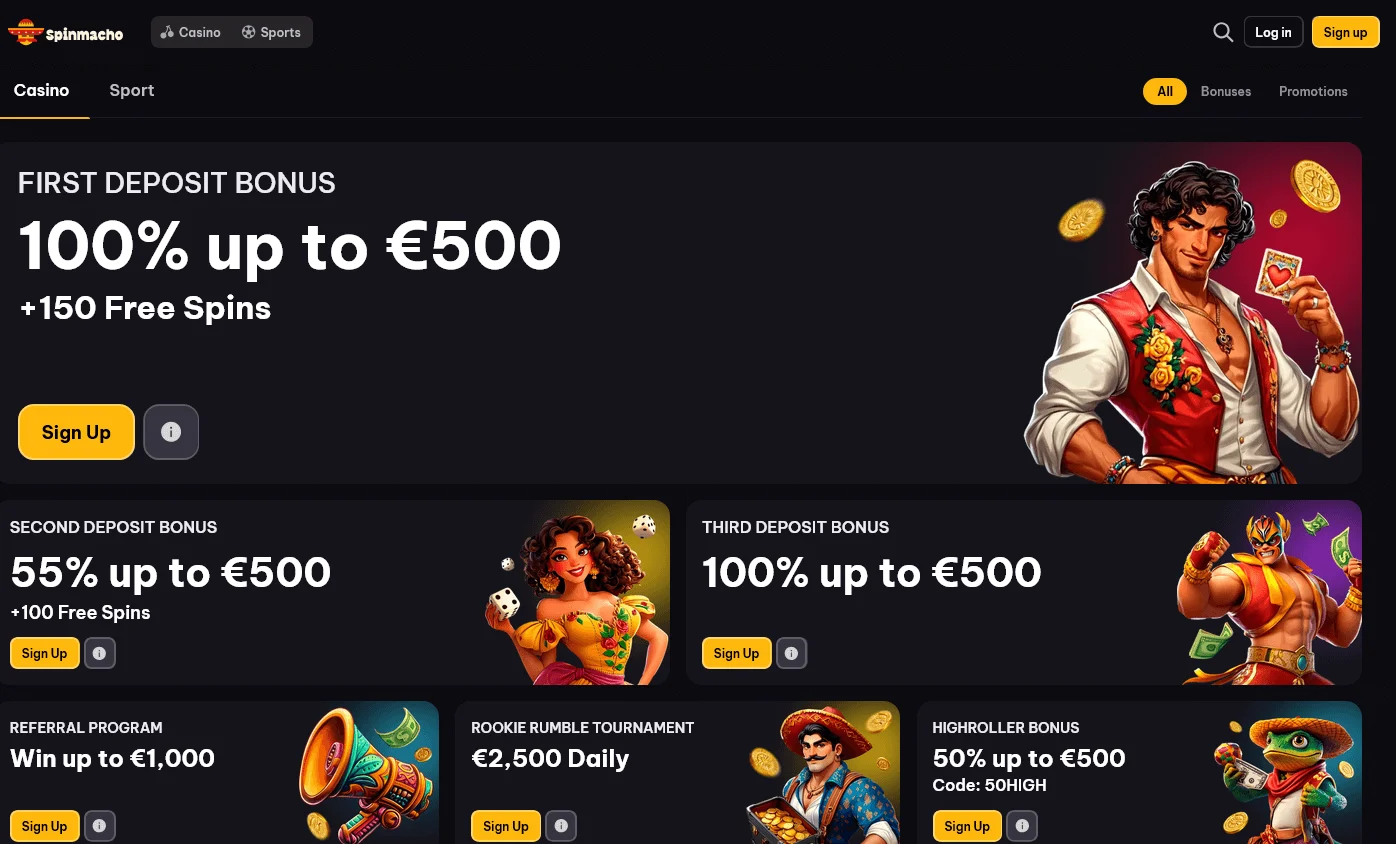 Spinmacho Casino desktop promotions area with welcome and promotional offers
