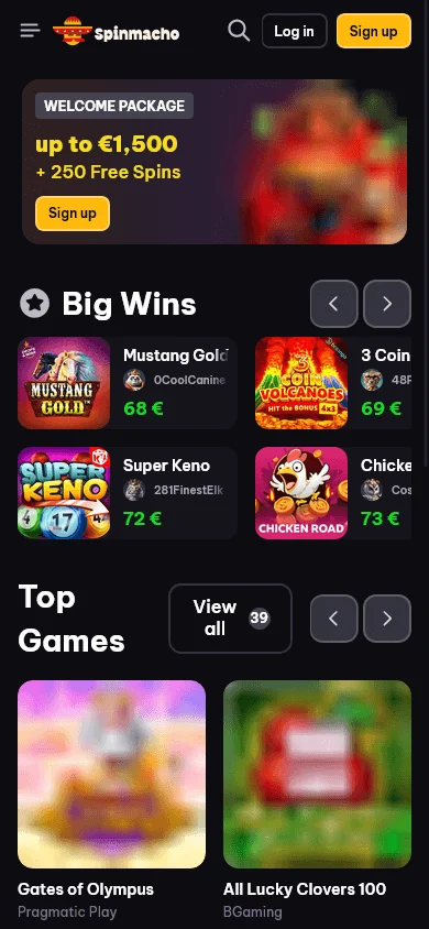 Spinmacho Casino mobile home with casino browsing and game options